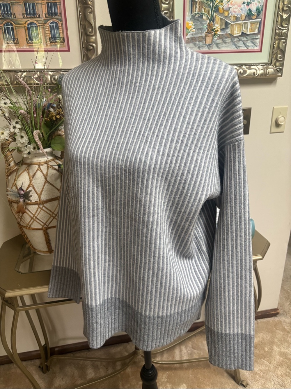 Christian Siriano Gray and White Striped Ribbed Knit Mock Neck Sweater Size L - Picture 3 of 7